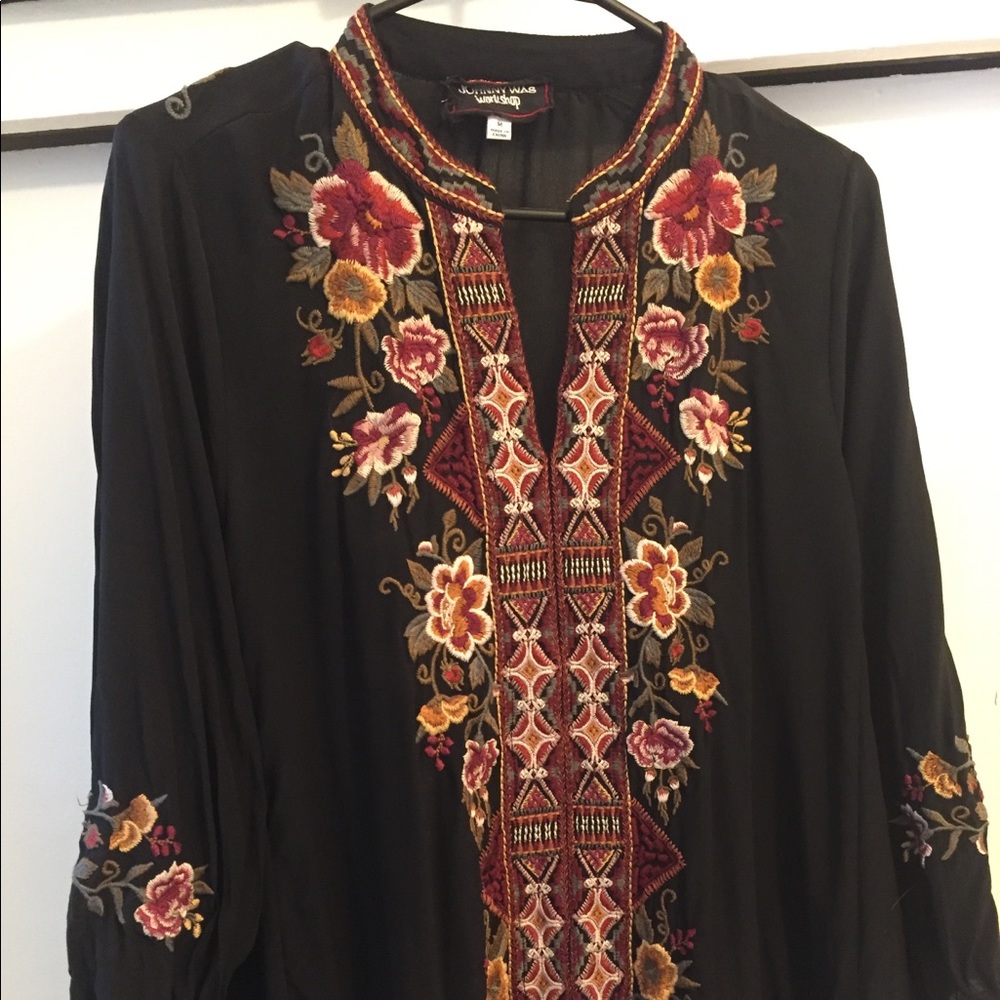 “Johnny Was,” black, embroidered tunic top.